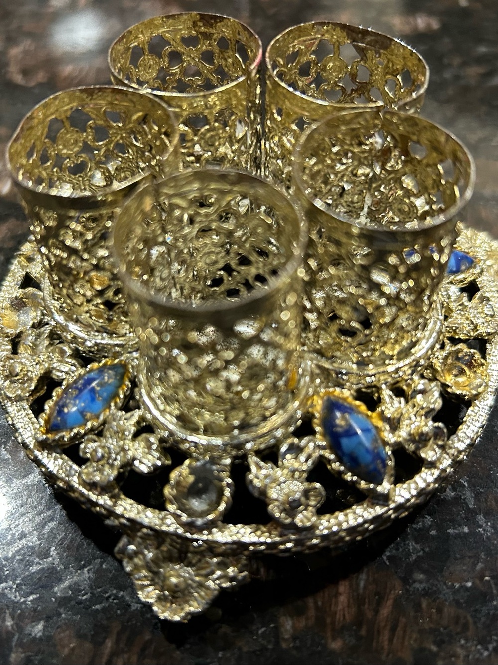 Vintage Gold Filigree Decorative Lipstick Holder with Blue Accents